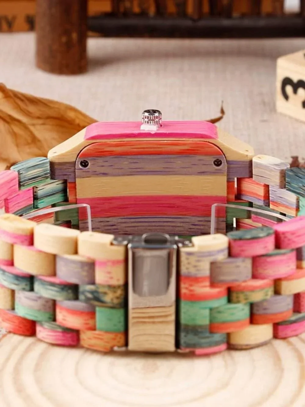 Men's Watch Colorful Multi Wooden Square Handmade Analog Dial Quartz Wristwatch